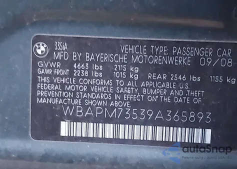 2009 BMW 335I from USA, damaged, VIN WBAPM73539A365893